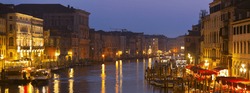 Grand Canal Lights at Night, Venice. Long wide banner