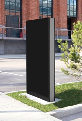 Blank black vertical pylon stand mockup brick building, side view. Empty signplate display or banner for advertising mock up, side view. Clear company commercial tower mokcup template.