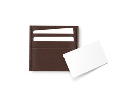 Brown leather card holder with blank white card mock up isolated. Business credit cards mockup in sleeve cardholder pocket. Clear paper visit cards branding identity wallet. Logo design presentation.