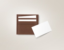 Brown leather card holder with blank white card mock up isolated on grey. Business credit cards mockup in sleeve cardholder pocket. Clear paper employee id cards in grey wallet box. Logo design card.