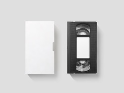 Blank white video cassette tape mockup, isolated, top view, clipping path. Clear vhs cassete case design mock up. Retro tv videotape cover template. Analog movie casette box copy with sticker