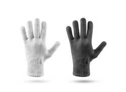 Blank knitted winter gloves mockup set, black and white. Clear ski or snowboard mittens mock up, isolated on white. Warm hand clothes design template. Plain arm accessory presentation for branding.