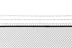 Metal fence with barbed wire isolated on a white background.