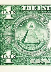 One dollar banknote, Bank of USA, closeup bill fragment shows topped by the Eye of Providence within a triangle, issued 2013