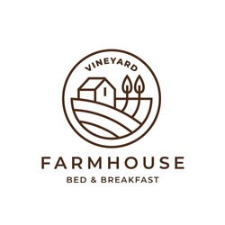 Vineyard farmhouse logo. Country guest house icon. Bed and breakfast farm cottage sign. Countryside wine estate symbol. Vector illustration.