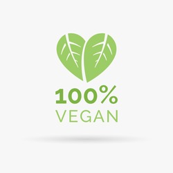100% vegan icon design. Green vegan friendly symbol. Vegan food sign with leaves in heart shape design. Vector illustration.
