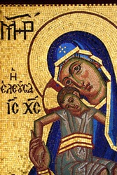 Mosaic of Virgin Mary and Jesus Christ in Cyprus. The site is open to the public and photography is permitted.
