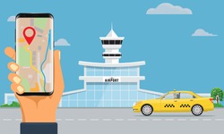 Airport terminal building and yellow taxi hand holding smartphone booking taxi. Urban background flat and solid color design. Illustrated vector.