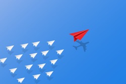 Leadership, teamwork and courage concept, Red paper plane with aircraft shadow for leader and white paper planes flying on sky. vector illustration