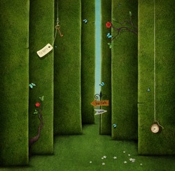 Conceptual illustration of green maze and fantasy objects