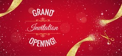 Grand opening horizontal banner. Text with  confetti, golden splashes  and ribbons.Gold sparkles.  Elegant style. Vector Illustration