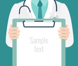 Close-up of a male doctor with lab coat in his office holding a clipboard. Doctor showing blank clipboard to write it on your personal message or advice. Vector illustration
