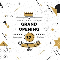 Grand opening banner in black and gold colors. Vector background in retro 80s, 90s memphis style. Scissors cutting gold ribbon