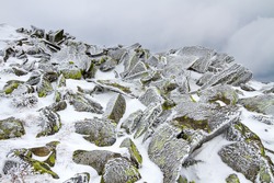 Stones covered with ice. / Iced moss-covered rocks under a thin layer of snow and ice.