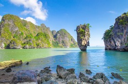 The landscape of James Bond island for a traveler on tropical sea beach Phang Nga Bay, Thailand Travel nature adventure, Summer holiday vacation trip and copy space for healthy lifestyle ideas.
