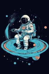 Astronauts operate controls in planetary space explore science technology future poster illustration