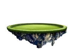 Amazing green field island floating in the air isolated with white background