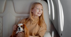 Elegant mature woman sitting inside private jet with adorable dog. Portrait of confident wealthy business lady travelling first class with cocker spaniel pet