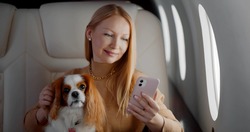 Beautiful rich woman with dog using smartphone in first class plane. Portrait of elegant wealthy lady stroking cocker spaniel and surfing internet on mobile phone in private jet