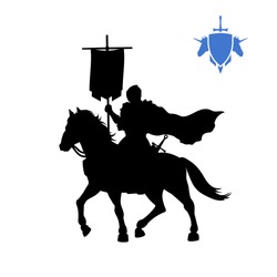 Black silhouette of medieval knight with banner . Fantasy warlord character. Games icon of paladin on horse. Isolated drawing of warrior. Vector illustration