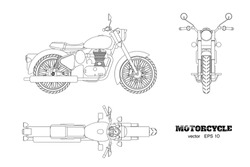 Retro classic motorcycle in outline style. Side, top and front view. Drawing of vintage motorbike on white background. Vector isolated illustration