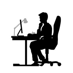 Black silhouette. Man working at computer. Isolated freelancer with PC. Programmer in office. Businessman sitting on armchair. Vector illustration  