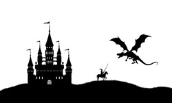 Black silhouette of dragon and knight on white background. Landscape with castle. Fantasy battle. Vector illustration