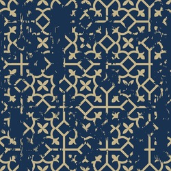 Seamless geometric pattern in oriental style with an effect of attrition. Abstract retro vector texture. Vintage Islamic wallpaper. Lattice graphic design. Vector tiles pattern in gold and dark blue.