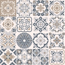 Set of 16 tiles Azulejos. Seamless patchwork tile with Victorian motifs. Original traditional Portuguese and Spain decor.  Tiles in dutch, portuguese, spanish, italian style.
Vector illustration