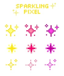 Sparkling pixel set, vector sparkling pixel set, Bright yellow pink purple sparkling pixel 