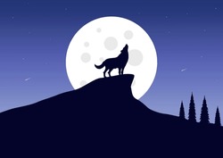 silhouette of a wolf howling on the hill at night