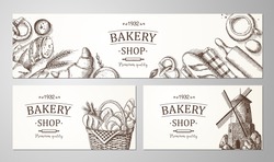Bakery background. Linear graphic. Bread and pastry collection. Bread house. Vector illustration.