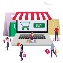 Shopping online, people buy in internet shop use laptop. Vector buying internet, smiling people with bag from market, buy in store and retail electronic illustration