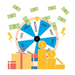 Win in lottery, wheel fortuna, gambling game award. Vector illustration. Fortuna play, success casino game, rotate slot, gold coin, dollar banknote, cash element, lottery winner, round spin