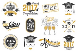 Set of Vector graduates Class of 2017 badges. Concept for shirt, print, seal, overlay,  stamp, greeting, invitation card. Typography design- stock vector. Graduation design with hut and text Class of.