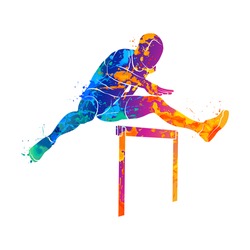 Abstract man jumping over hurdles from splash of watercolors. Vector illustration of paints.