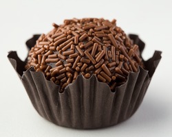 Brigadeiro (or brigadier), a brazilian chocolate sweet, in a white background with shallow depth of field. Commonly used in children birthdays.