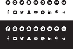 Collection of popular social media logo, popular social media fill icons printed on paper : Facebook, Instagram, Snapchat, LinkedIn, Twitter, Youtube, Pinterest, WhatsApp