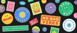 Cool Trendy Patches Vector Design. Abstract background with stickers. Good Vibes, Positive Energy and Good Luck Badges.