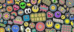 Cool Groovy Stickers Background. Trendy Pop Art Patches Texture. Y2k Collage Backdrop. Smile Funky Badges.