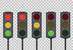 Isolated five sets of LED traffic lights showing sequence red, amber or green lights on transparent background. The rules of the road. Vector illustration.