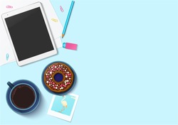 Workplace collection vector mock-up with office stuff for your design. Top view on realistic computer tablet, coffee cup, doughnut, photo, paper, clips, pencil, eraser. 
