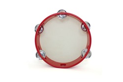 New red wooden tambourine with skin