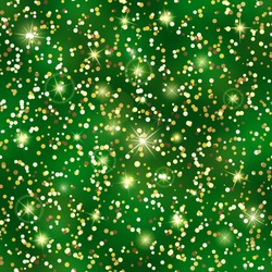 Glitter seamless pattern. Golden confetti texture. Luxury gold particles. Holiday Endless pattern made of sparkling sequins on green background. Festive decor for postcard, certificate, gift voucher.