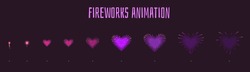 Vector cartoon style set of game violet heartshape fireworks explode effect burst sprites for animation. Game user interface (GUI) element for video games, computer or web design. Explosion frames.