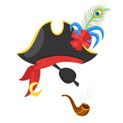 Vector cartoon style funny pirate face element or carnival mask. Decoration item for your selfie photo and video chat filter. Hat, smoking pipe and golden earring. Isolated on white background.
