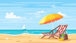 Vector cartoon style background of sea shore. Good sunny day. Deck chair and beach umbrella on the sand coast.
