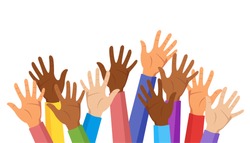 Raised hands of different race skin color isolated on white background. Colorful clothes. Diversity concept. Vector illustration.