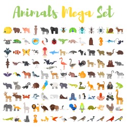 Vector flat style big set of animals: bear, cow, hedgehog, parrot, rabbit. Icon for web. Isolated on white background.