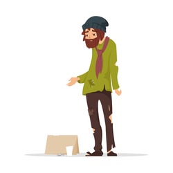 Vector cartoon style illustration of poor man in torn clothes begging money. Isolated on white background.